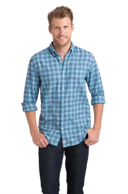 Vineyard Vines Old Coast Road Plaid Performance Flannel Classic Murray Shirt - Aqua Ocean